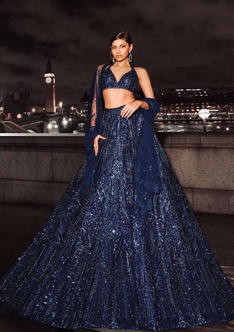 Navy Blue Georgette Lehenga Set with Embroidered for Diwali | Wedding & Festive Wear - Indya