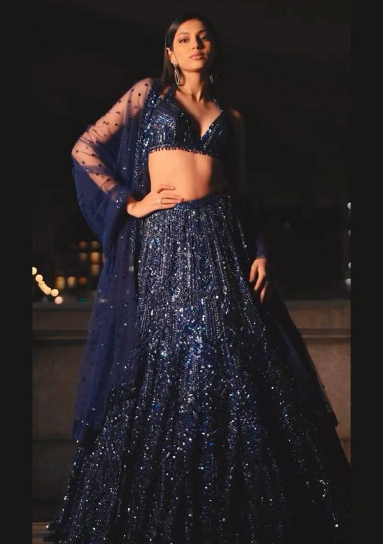 Navy Blue Embroidered Georgette Lehenga Set - Indya