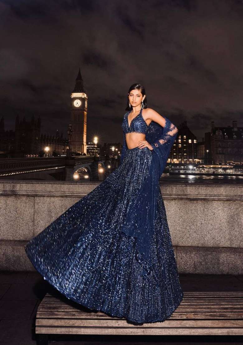 Navy Blue Georgette Lehenga Set with Embroidered for Diwali | Wedding & Festive Wear - Indya