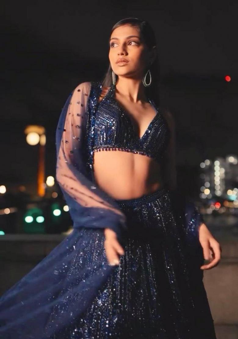 Navy Blue Embroidered Georgette Lehenga Set - Indya