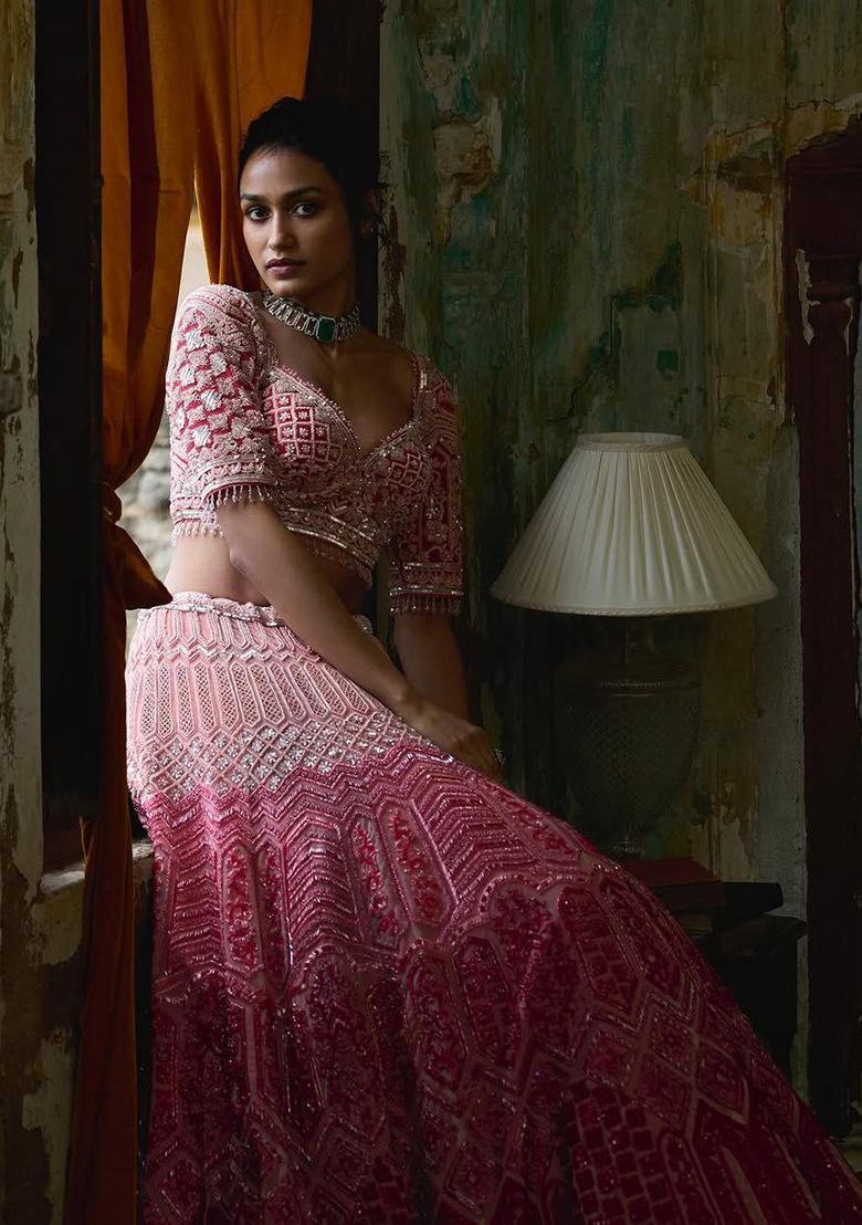 Multicolor Embroidered Georgette Lehenga Set - Indya