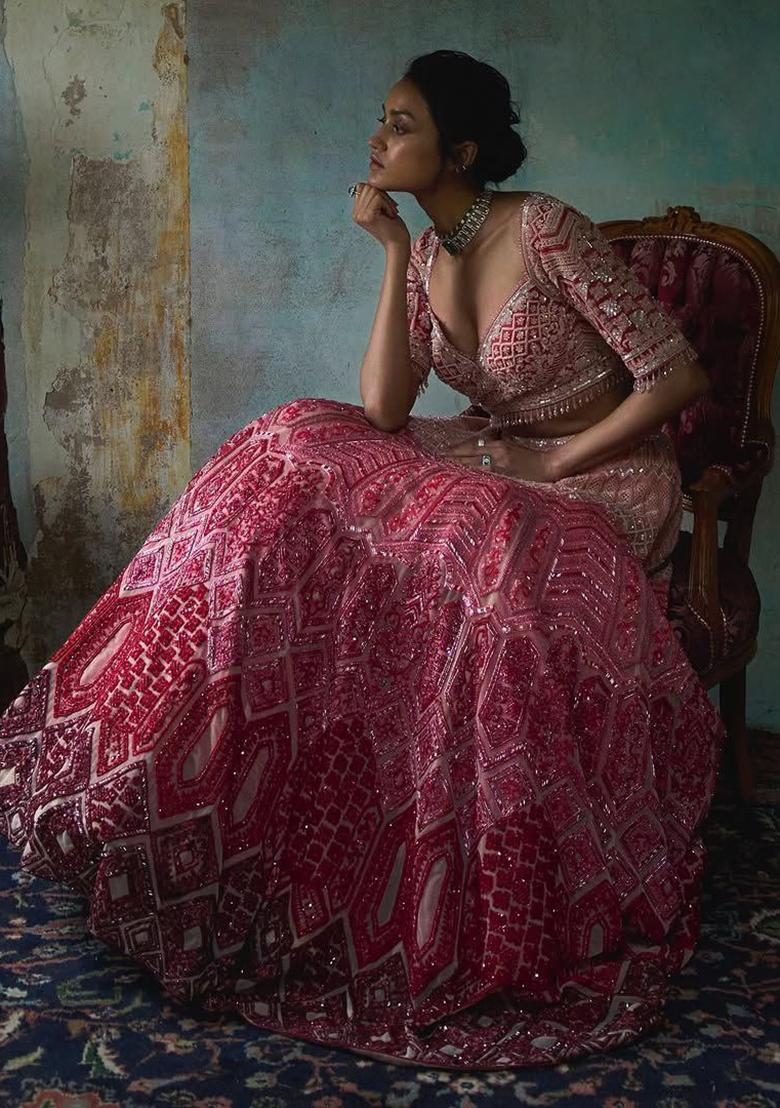 Multicolor Embroidered Georgette Lehenga Set - Indya