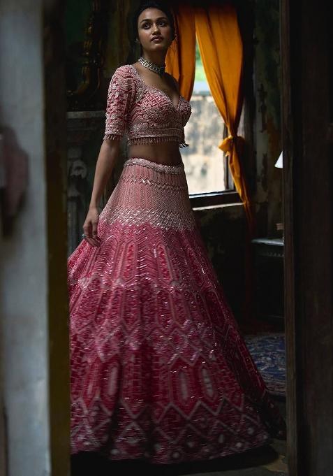 Multicolor Embroidered Georgette Lehenga Set