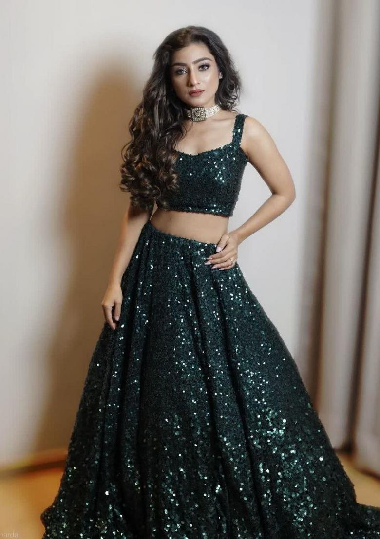 Teal Sequin Work Silk Blend Lehenga Set - Indya