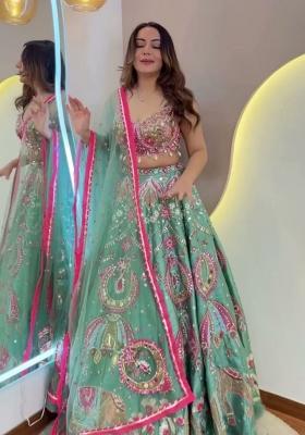 Mint Green Embroidered Silk Blend Lehenga Set