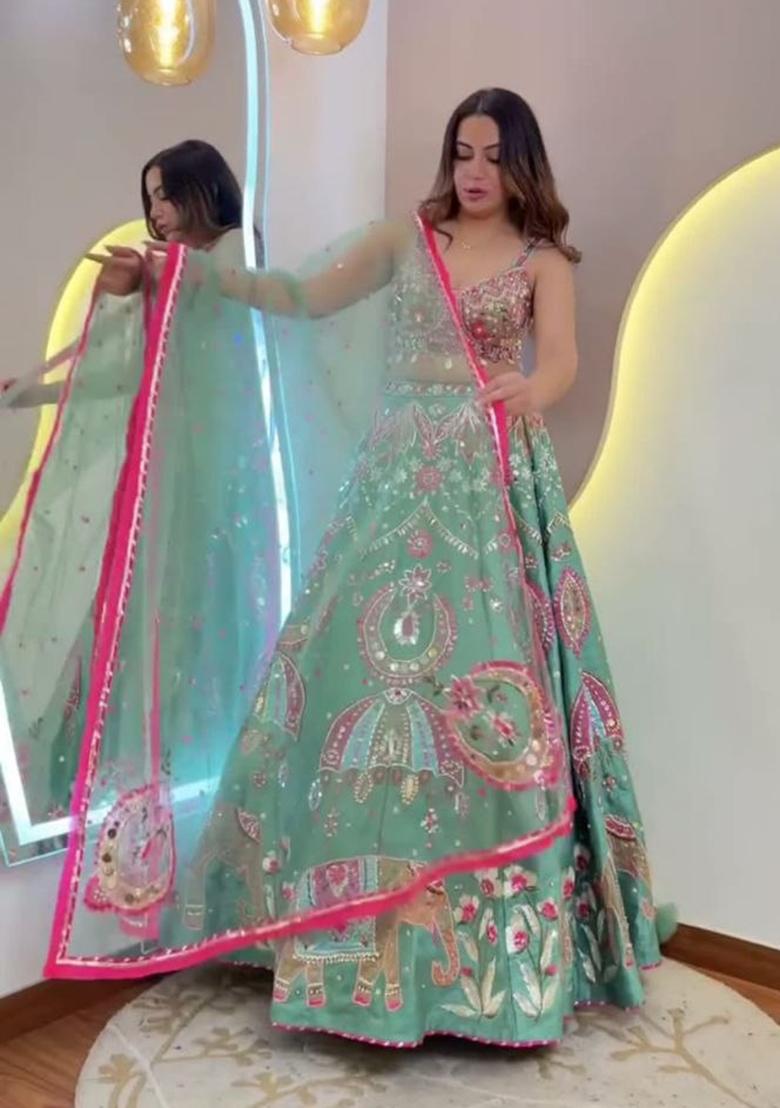 Mint Green Embroidered Silk Blend Lehenga Set - Indya