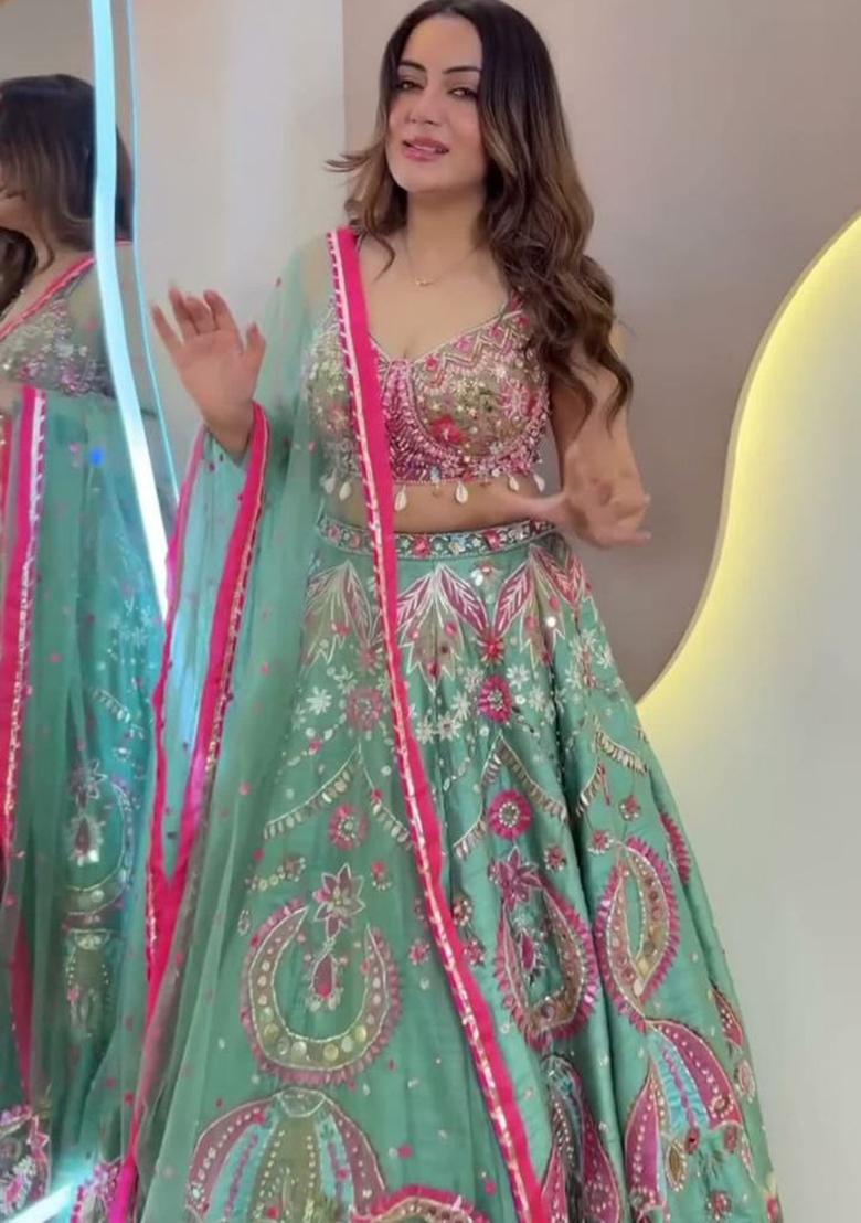 Mint Green Embroidered Silk Blend Lehenga Set - Indya