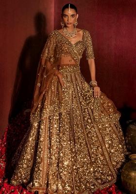 Brown Embroidered Net Lehenga Set
