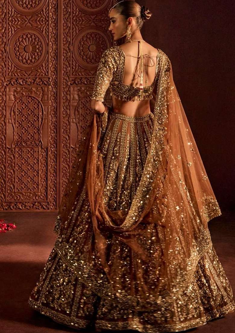 Brown Net Lehenga Set with Embroidered for Diwali | Wedding & Festive Wear - Indya