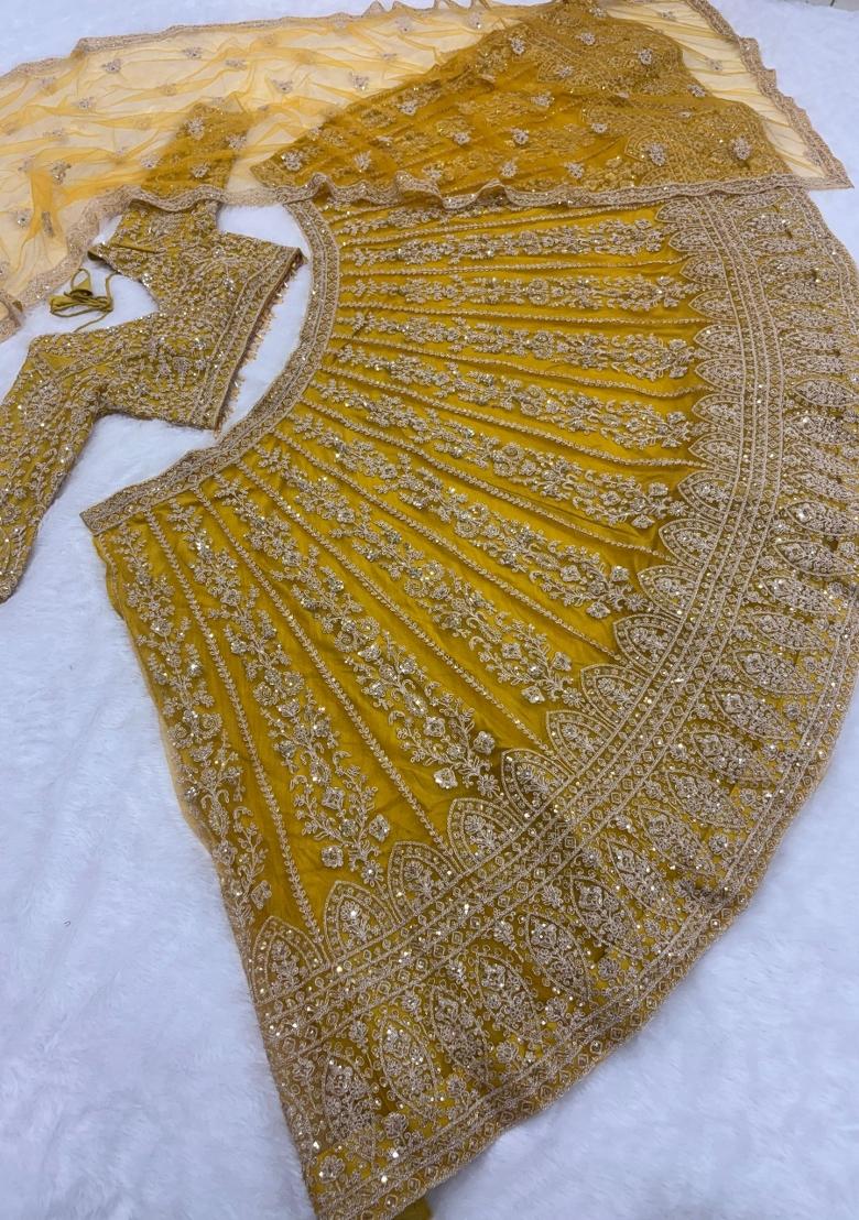 Mustard Yellow Embroidered Net Lehenga Set - Indya