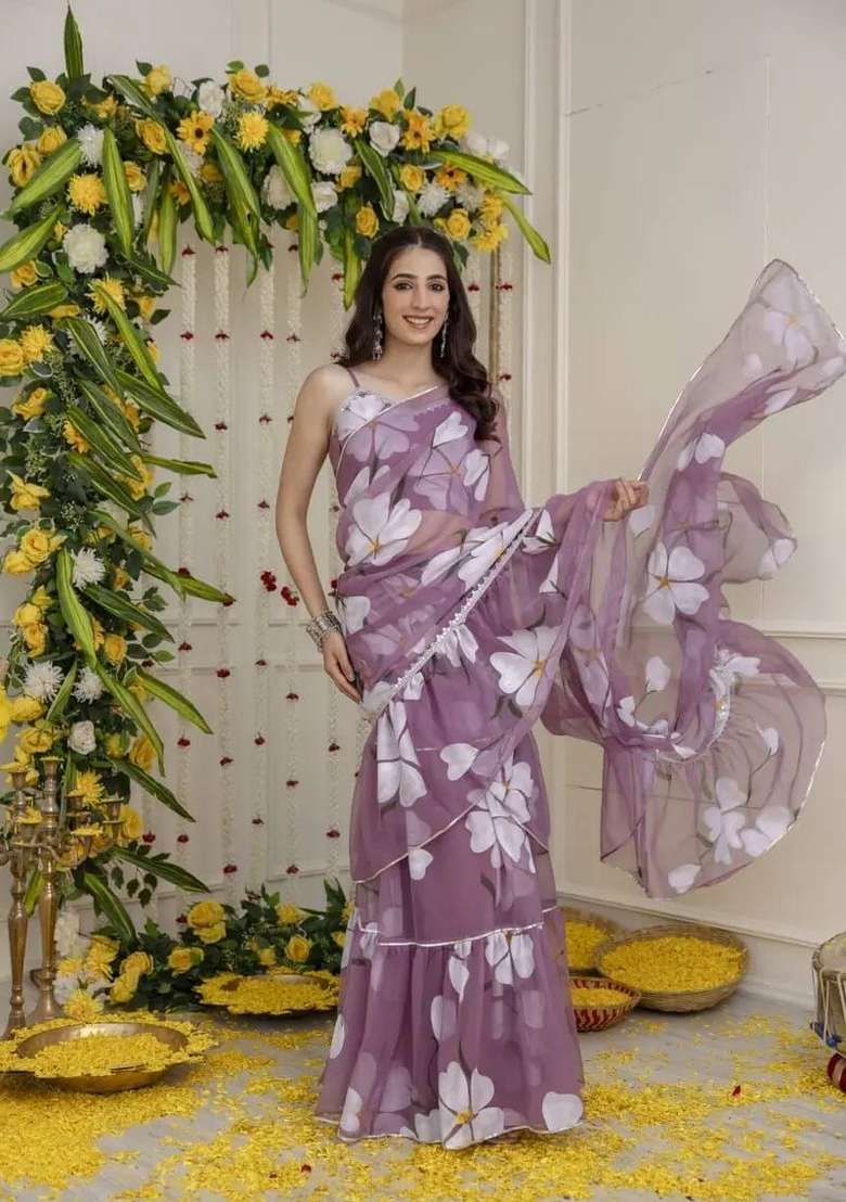 Purple Lace Work Georgette Lehenga Set for Diwali and Festive Wear - Indya