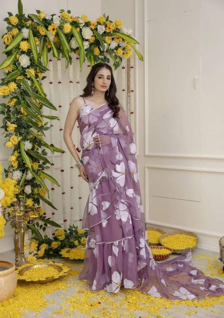 Purple Lace Work Georgette Lehenga Set - Indya