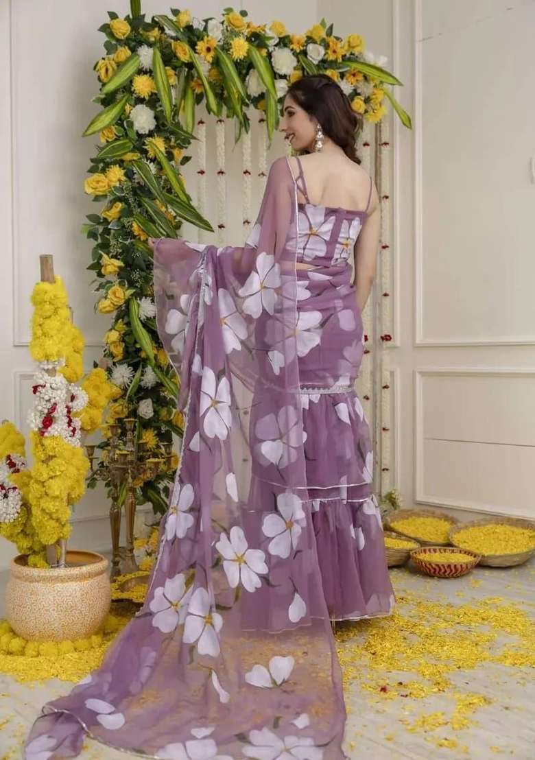 Purple Lace Work Georgette Lehenga Set for Diwali and Festive Wear - Indya