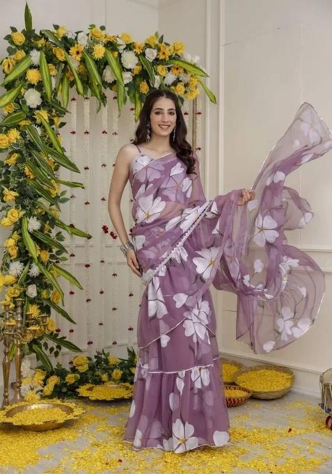 Purple Lace Work Georgette Lehenga Set