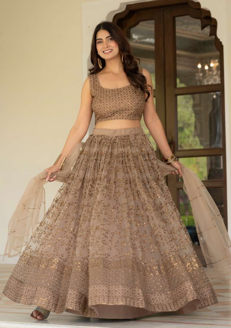 Brown Net Lehenga Set with Embroidered for Diwali | Wedding & Festive Wear - Indya