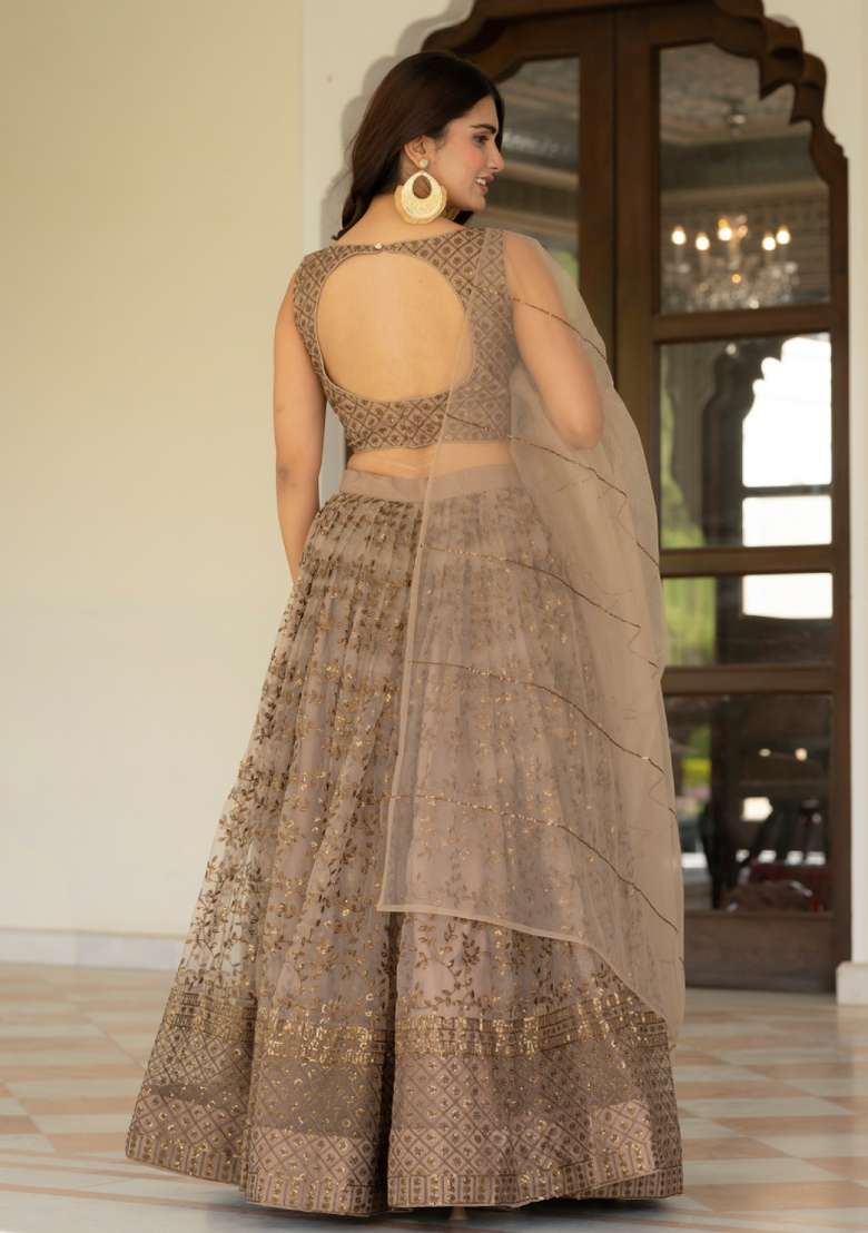 Brown Net Lehenga Set with Embroidered for Diwali | Wedding & Festive Wear - Indya