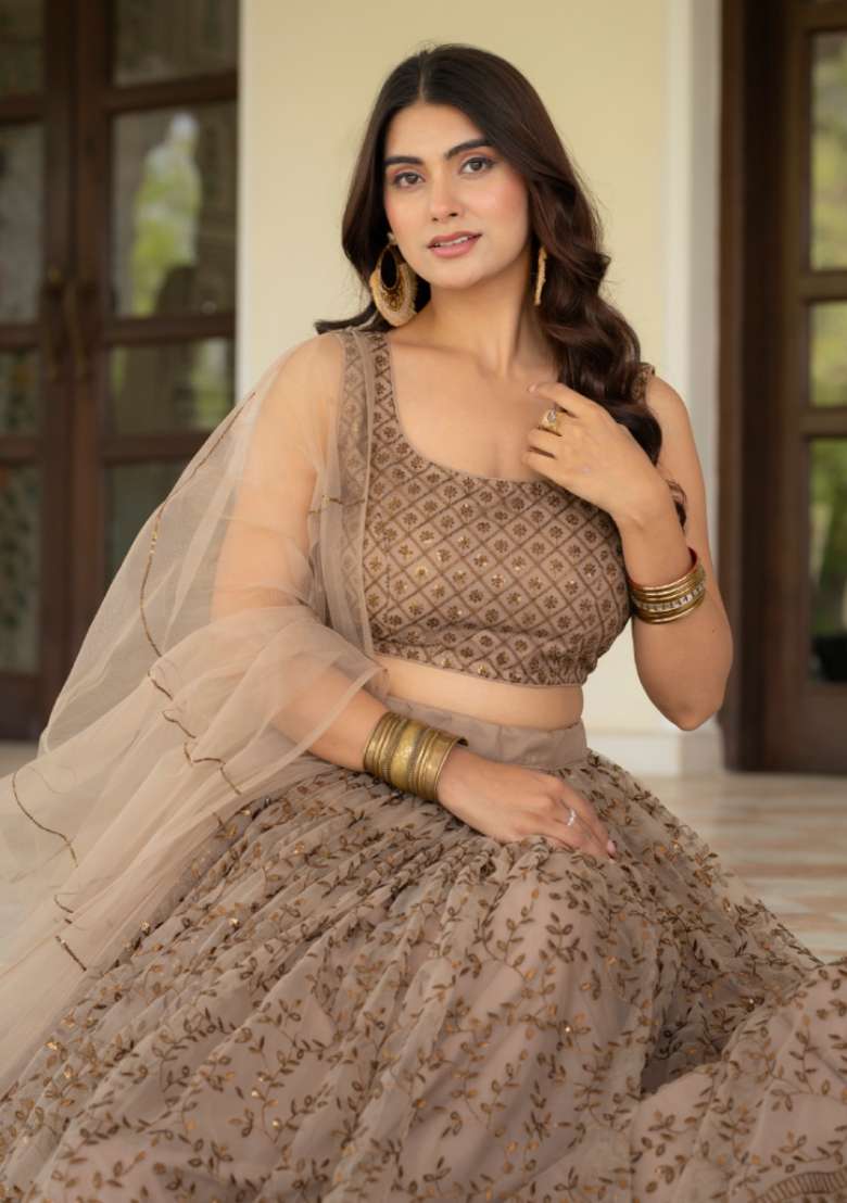 Brown Net Lehenga Set with Embroidered for Diwali | Wedding & Festive Wear - Indya