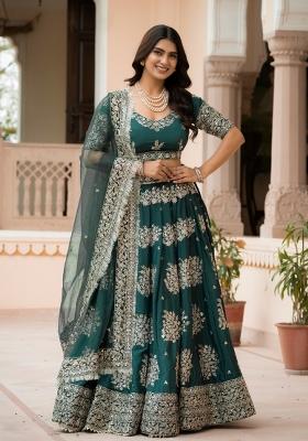 Green Embroidered Net Lehenga Set