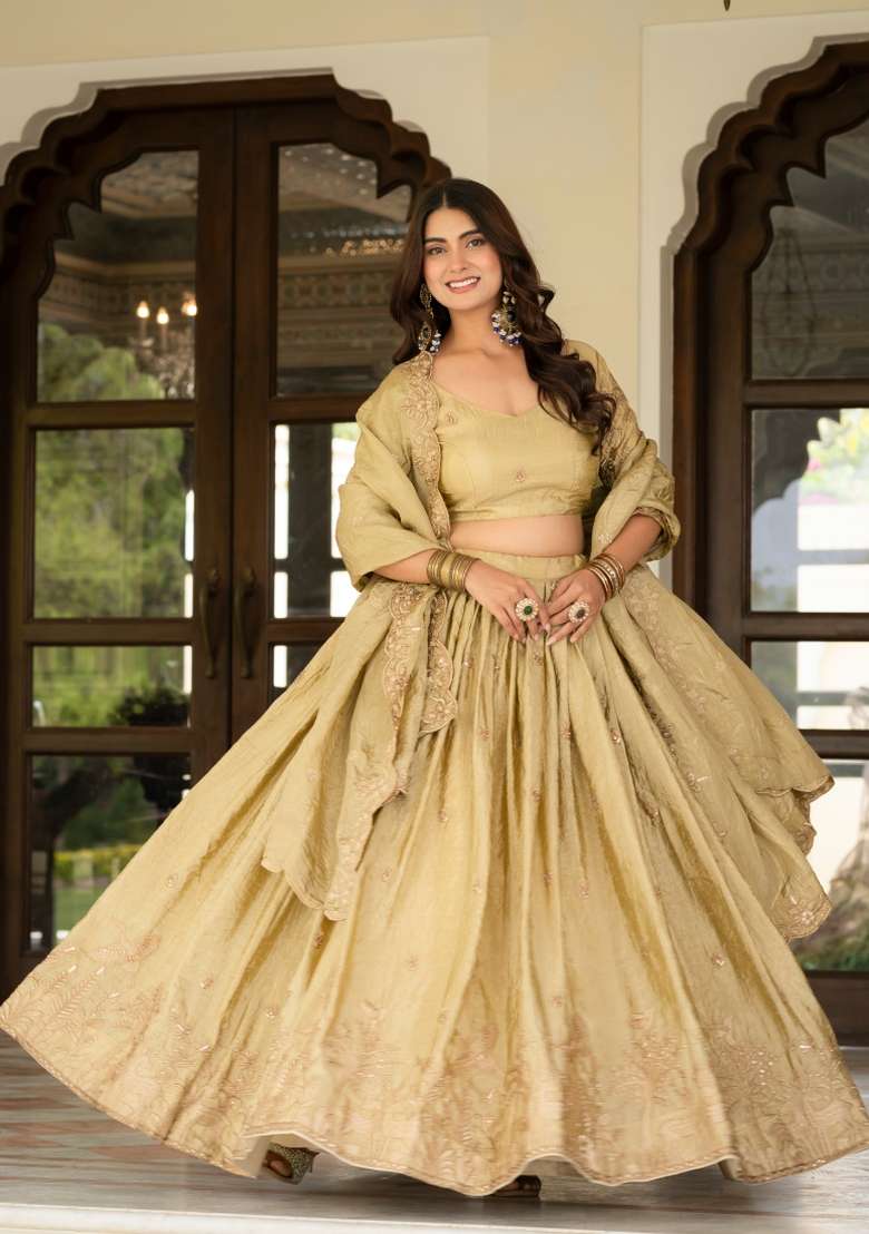 Cream Embroidered Silk Lehenga Set for Diwali and Festive Wear - Indya