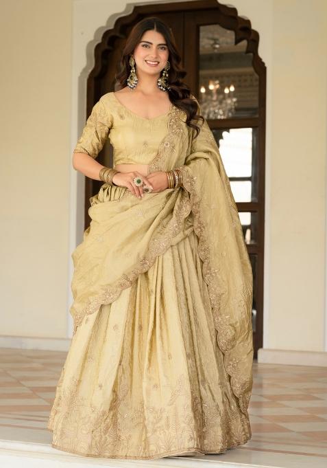 Cream Embroidered Silk Lehenga Set