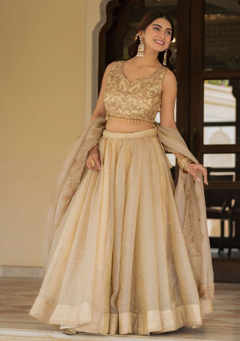 Cream Embroidered Silk Lehenga Set for Diwali and Festive Wear - Indya