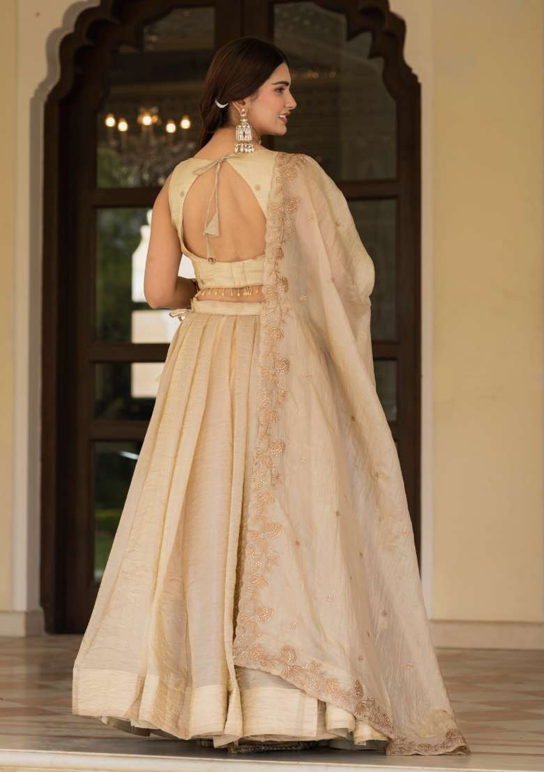 Cream Embroidered Silk Lehenga Set for Diwali and Festive Wear - Indya