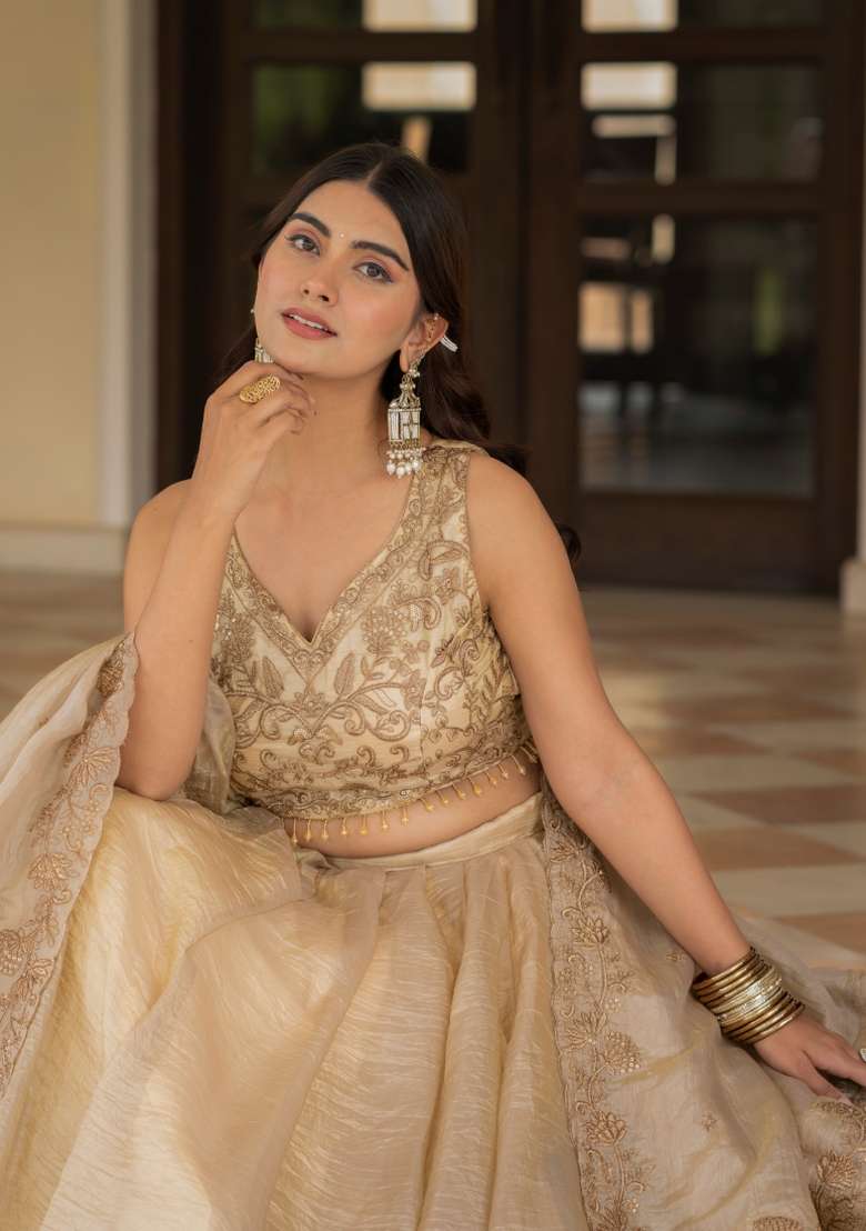 Cream Embroidered Silk Lehenga Set for Diwali and Festive Wear - Indya