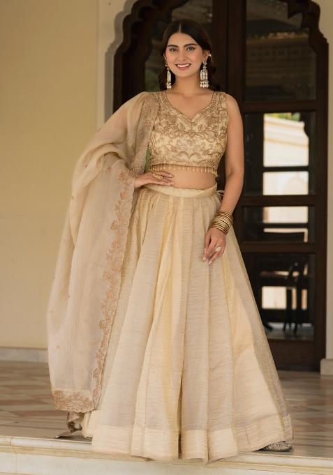Cream Embroidered Silk Lehenga Set