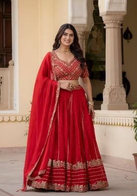 Red Embroidered Silk Lehenga Set
