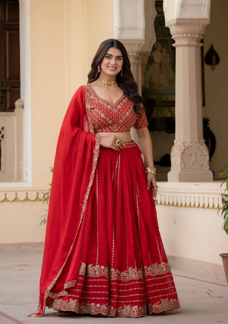 Red Silk Lehenga Set with Embroidered for Diwali | Wedding & Festive Wear - Indya