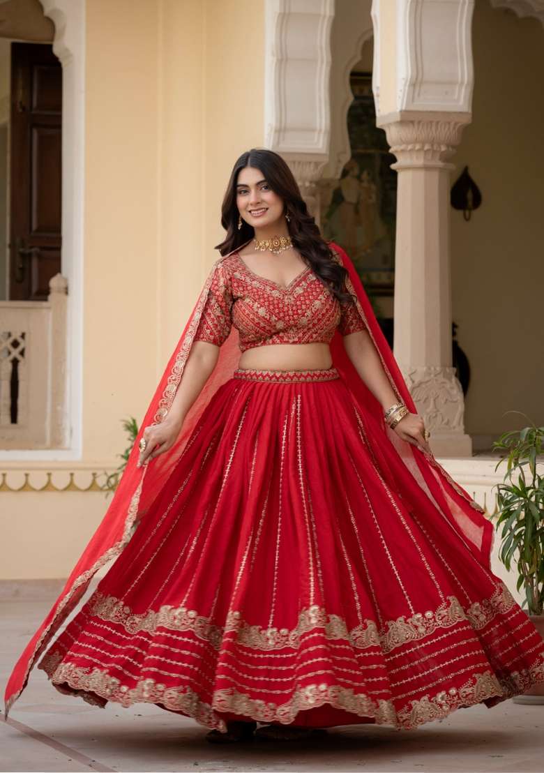 Red Silk Lehenga Set with Embroidered for Diwali | Wedding & Festive Wear - Indya