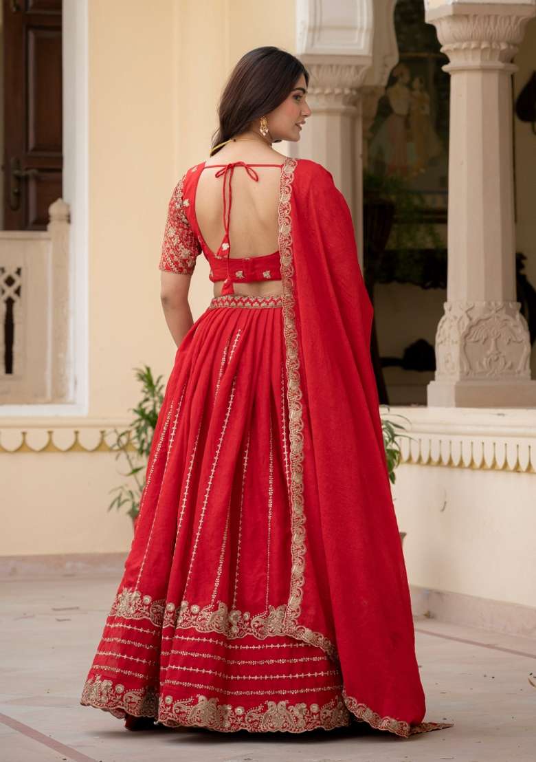 Red Silk Lehenga Set with Embroidered for Diwali | Wedding & Festive Wear - Indya