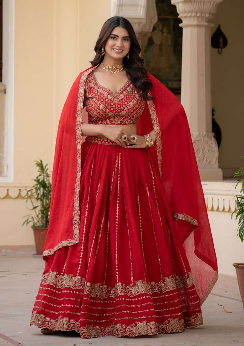 Red Silk Lehenga Set with Embroidered for Diwali | Wedding & Festive Wear - Indya
