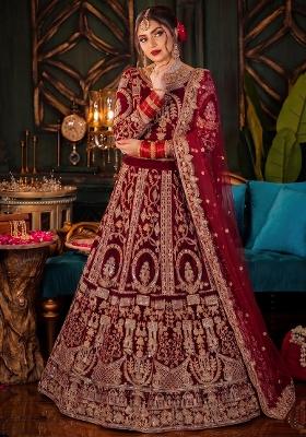 Maroon Embroidered Velvet Lehenga Set