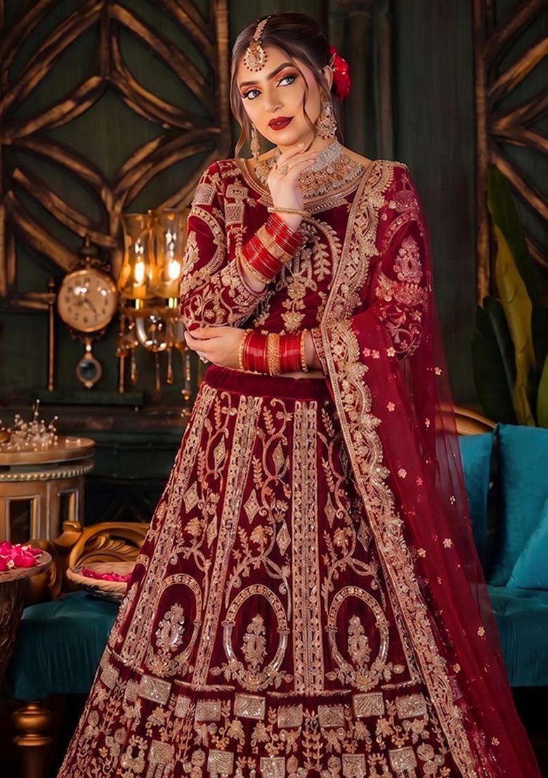 Maroon Embroidered Velvet Lehenga Set - Indya