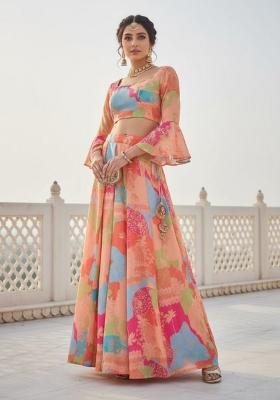 Peach Printed Georgette Lehenga Set