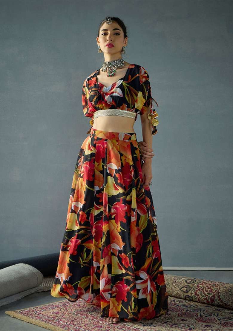 Multicolor Printed Georgette Lehenga Set for Diwali and Festive Wear - Indya