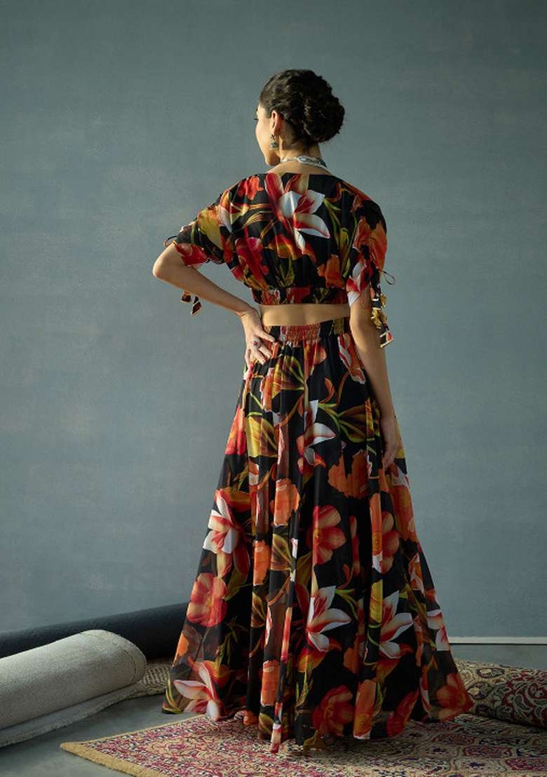 Multicolor Printed Georgette Lehenga Set for Diwali and Festive Wear - Indya