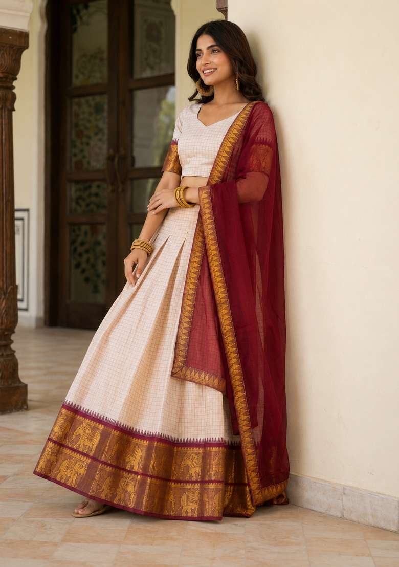 Beige Cotton Lehenga Set with Zari Work for Diwali | Wedding & Festive Wear - Indya