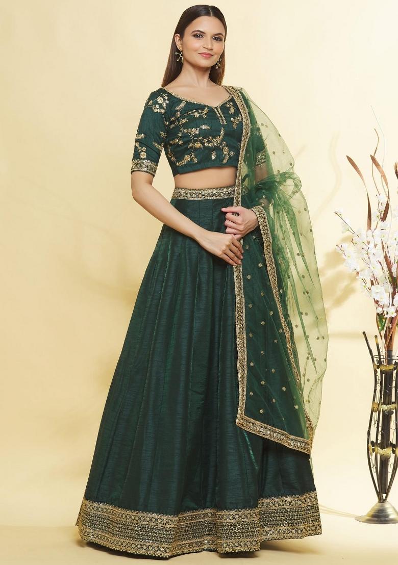 Green Embroidered Silk Blend Lehenga Set - Indya