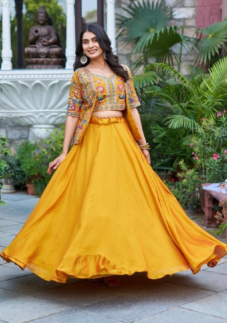 Yellow Plain Vichitra Lehenga Set - Indya
