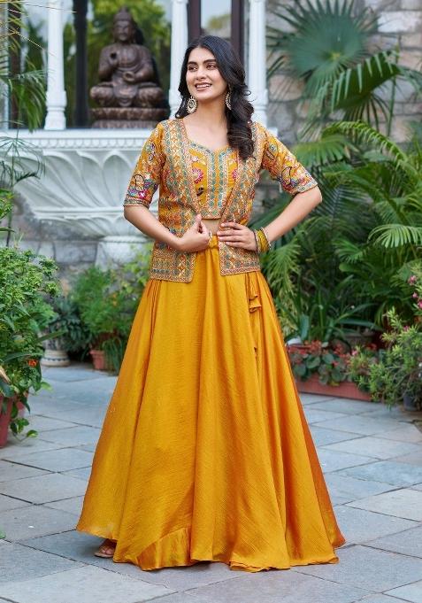 Yellow Plain Vichitra Lehenga Set