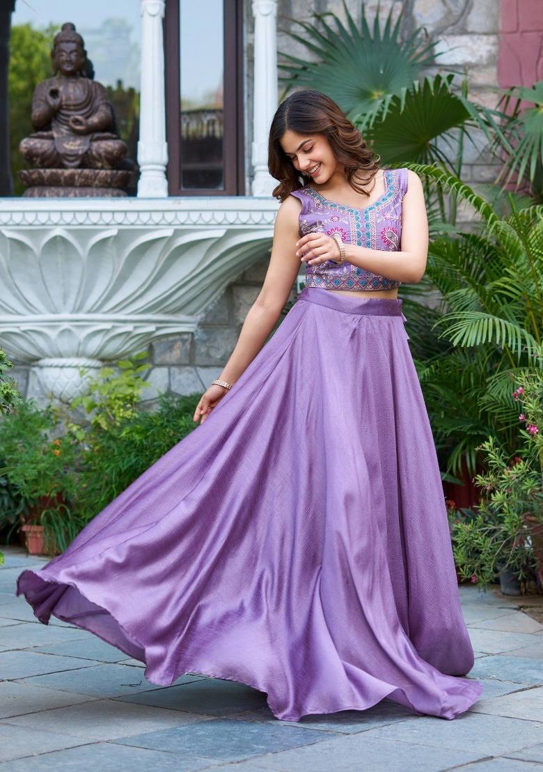 Lavender Plain Vichitra Lehenga Set - Indya
