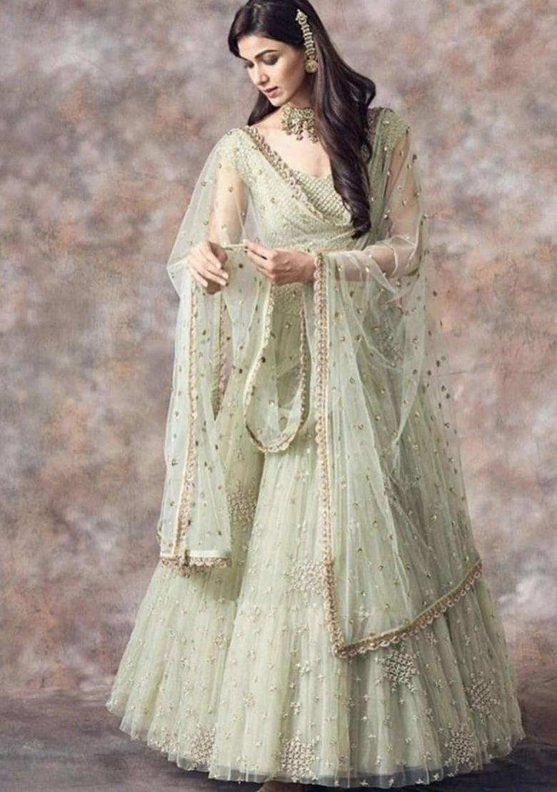 Pista Embroidered Net Lehenga Set - Indya