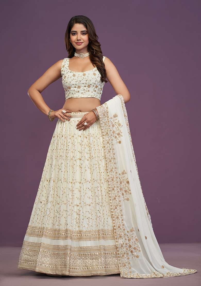 Beige Embroidered Georgette Lehenga Set for Diwali and Festive Wear - Indya