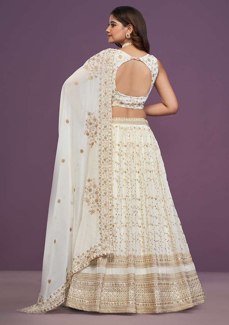 Beige Embroidered Georgette Lehenga Set for Diwali and Festive Wear - Indya