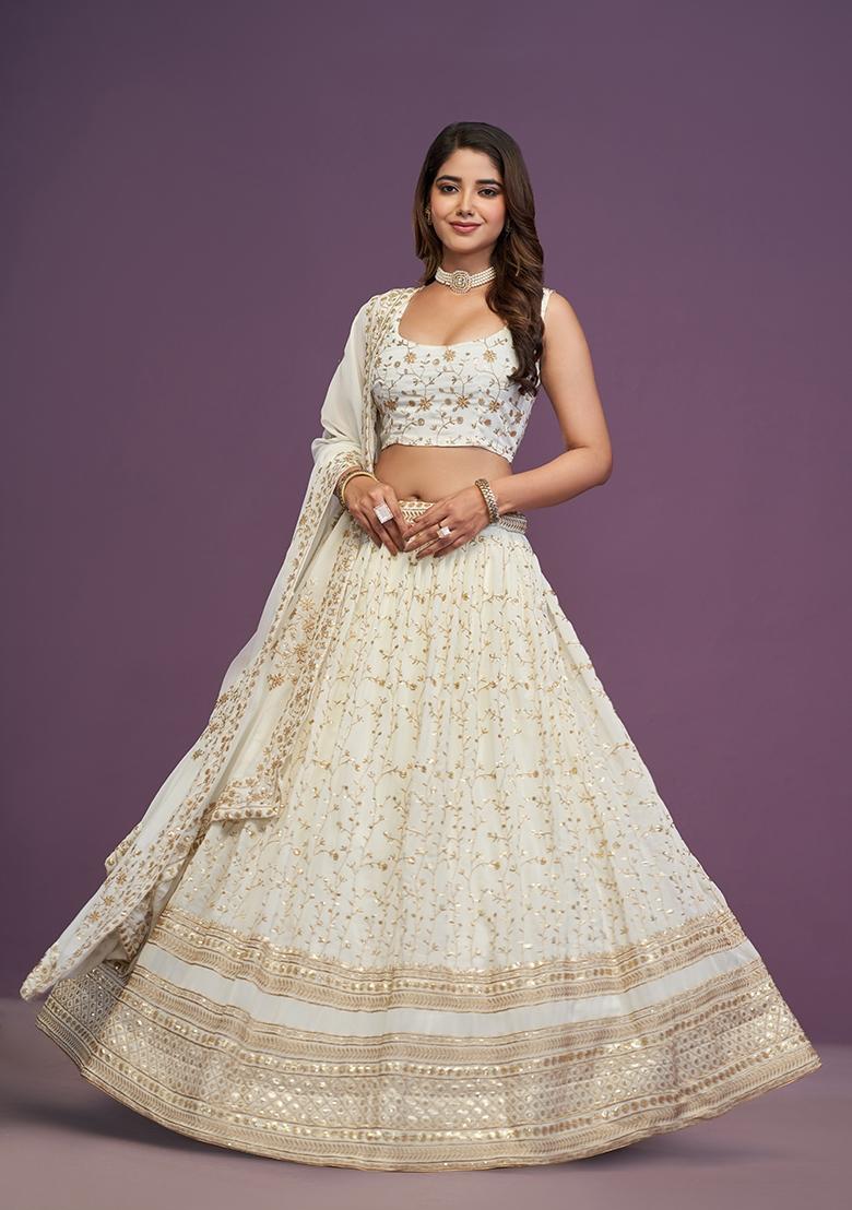 Beige Embroidered Georgette Lehenga Set - Indya