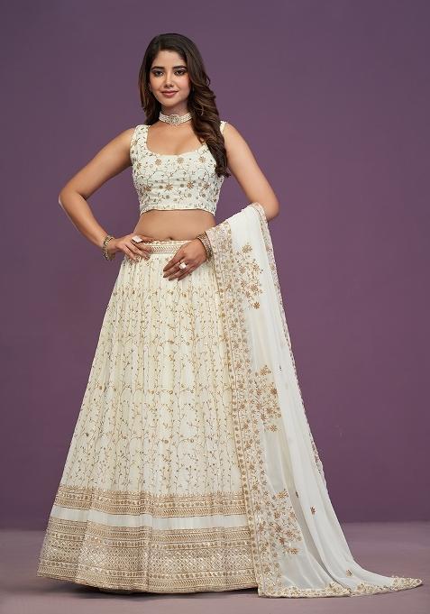 Beige Embroidered Georgette Lehenga Set