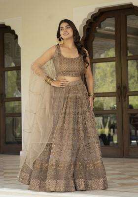 Coffee Embroidered Net Lehenga Set