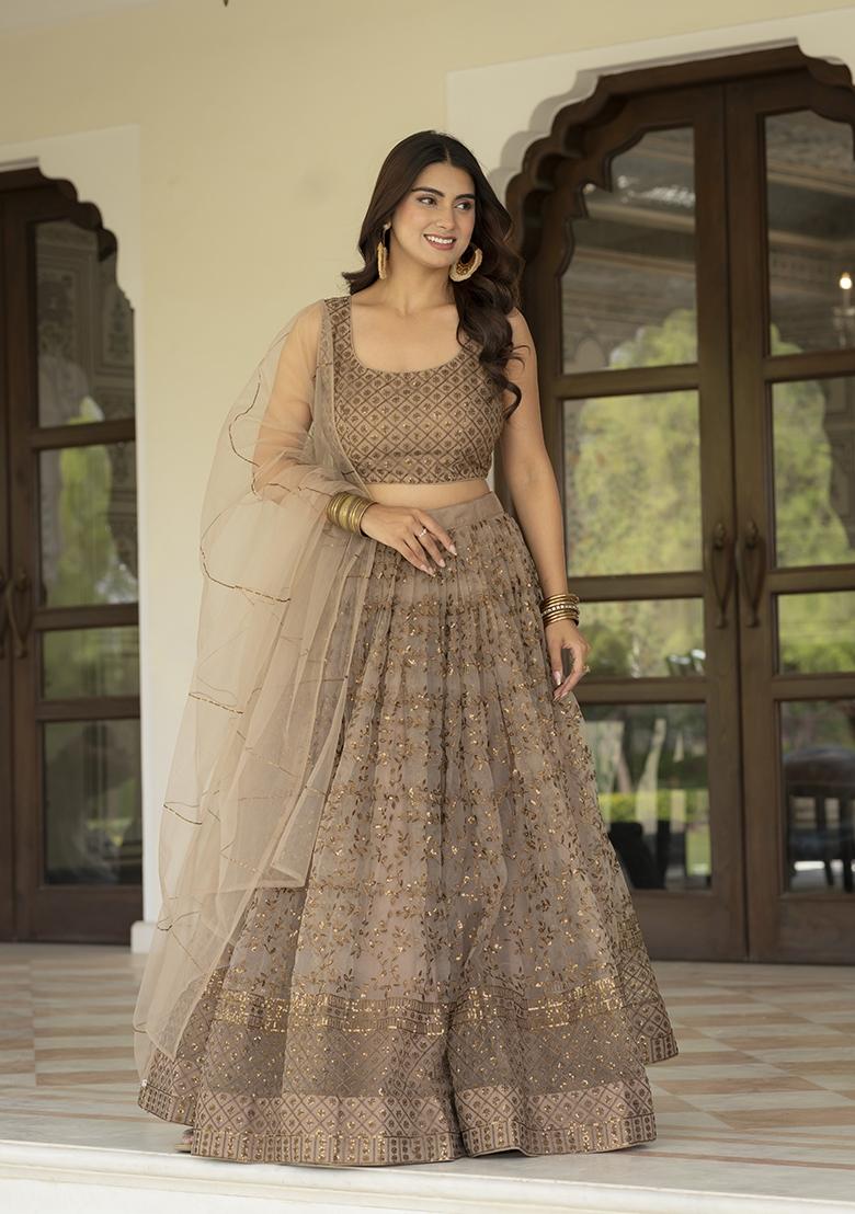 Coffee Embroidered Net Lehenga Set - Indya
